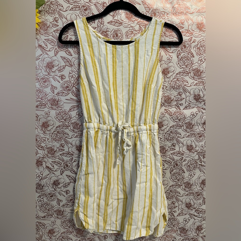 Old Navy yellow and white stripe linen dress with waist tie size small